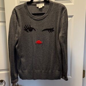 kate spade Gray Embroidered Wink Face Sweater with Red Lips